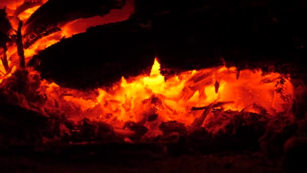 Toprak. Yanan odun. Köy evinde alevler var. Şöminede ateş yanıyor. Sıcaklık ve ev konforu. — Stok video