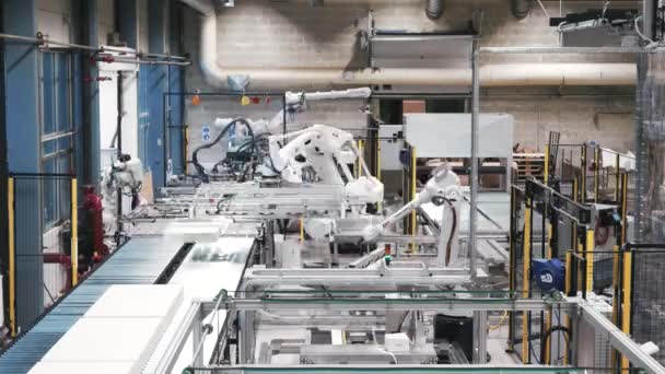 Robotapparatuur. Massaproductie bij automatische transportband. Geautomatiseerde machine. Moderne fabriek. Plant, moderne productie. Vervaardiging. — Stockvideo