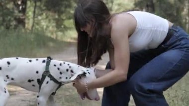 Kız ve Dalmaçyalı bir köpek. Köpekle oynamak, evcil hayvanla neşeli yürüyüş. Köpekle yürü..