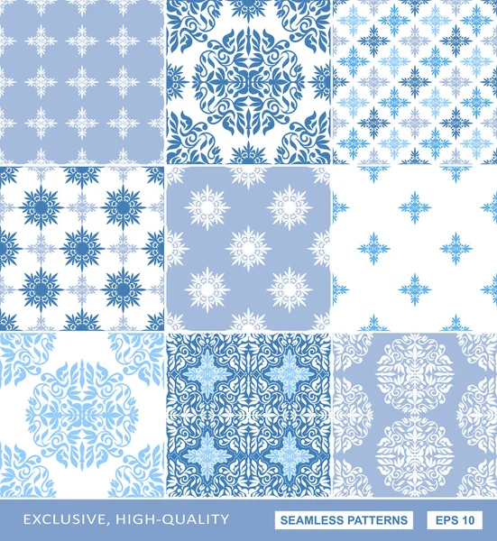 Conjunto azul de fondos de damasco islámico, hermosa ornamentación, patrones sin costuras de moda — Vector de stock