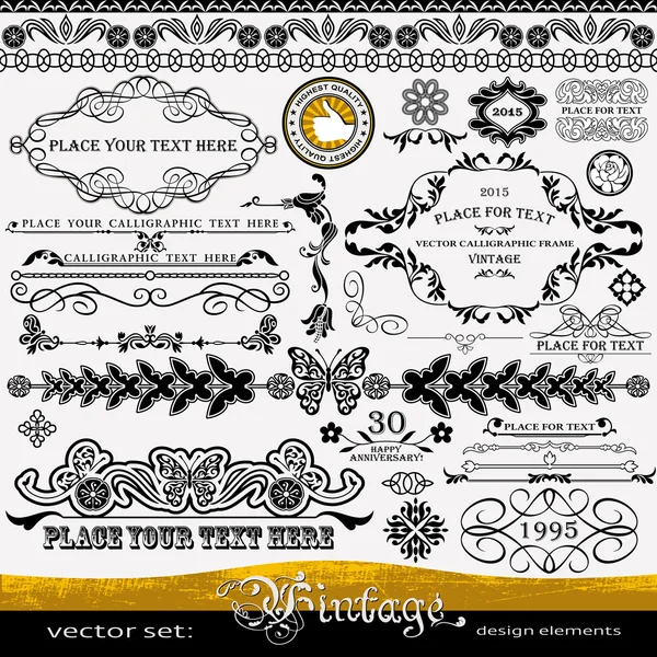 Vintage design elements: butterfly and flowers ornaments, dividers, corners, patterns templates and layouts — Stock Vector