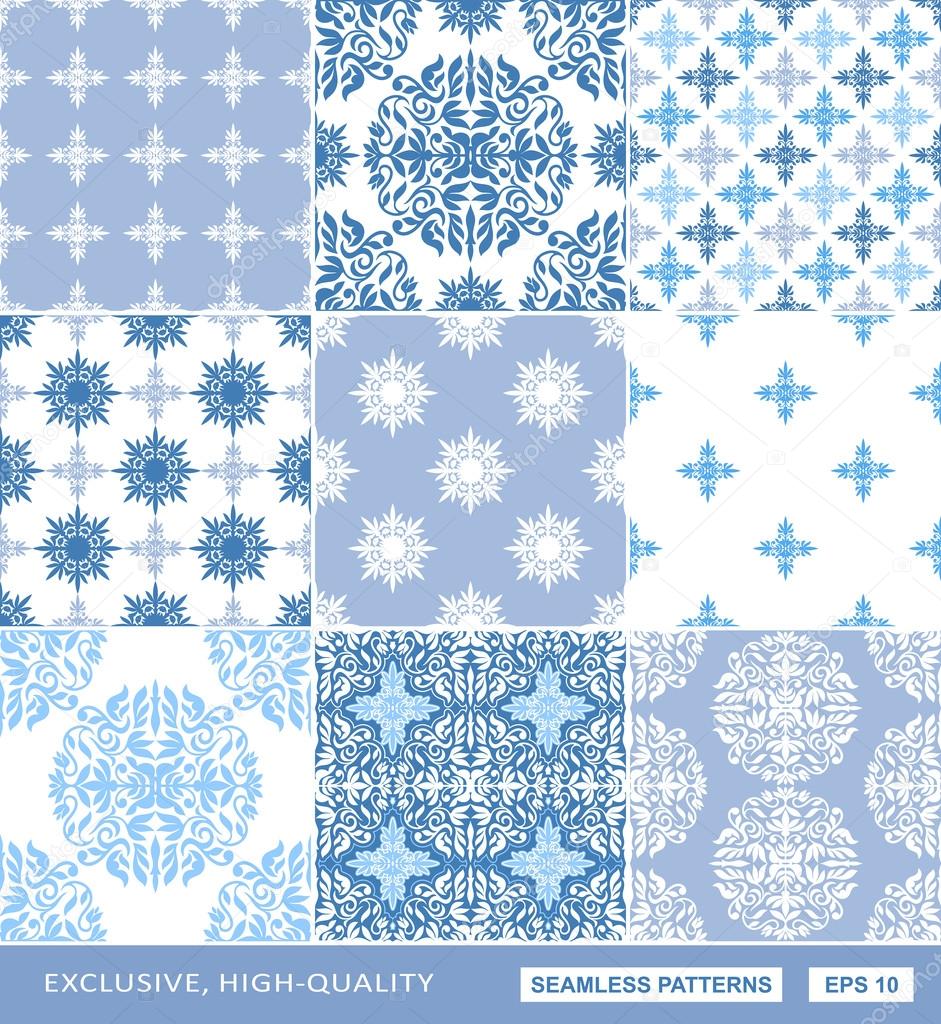 Islamic damask backgrounds blue set, beautiful ornamentation, fashioned seamless patterns