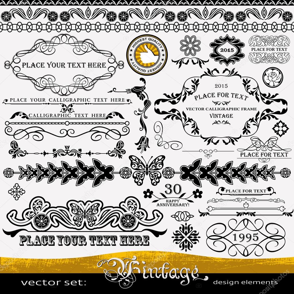 Vintage design elements: butterfly and flowers ornaments, dividers, corners, patterns templates and layouts