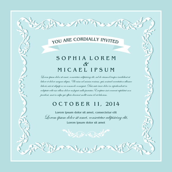 Vintage style wedding invitation card design, floral beautiful frame on blue background
