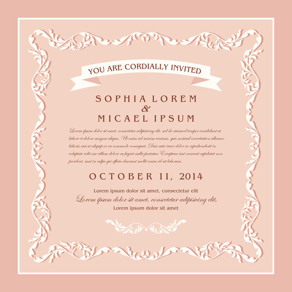 Vintage style wedding invitation card design, floral beautiful frame on rose background