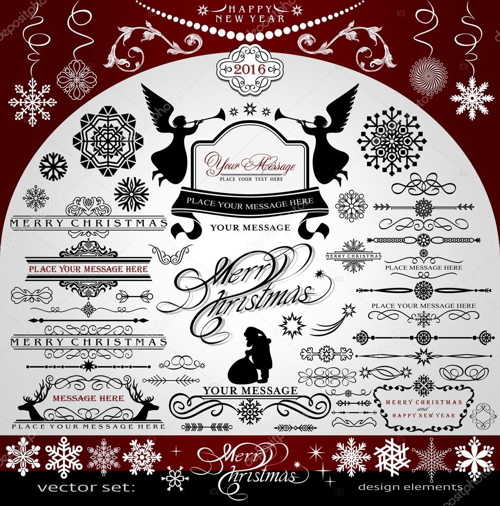 Christmas and New Year decorative vector set, silhouettes of Santa Claus and fairy, calligraphic elements