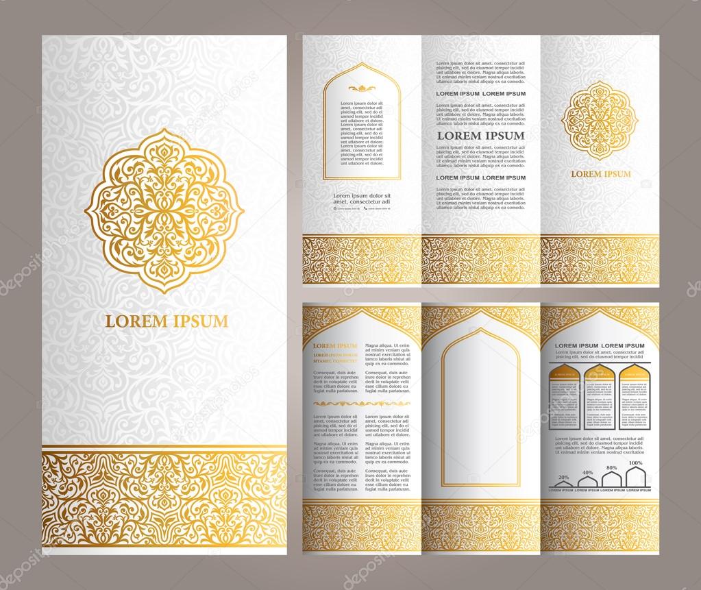 Vintage islamic style brochure and flyer design template with logo, creative art elements and ornament, page layouts, Luxury Gold and white colors and artistic solutions for design and decoration