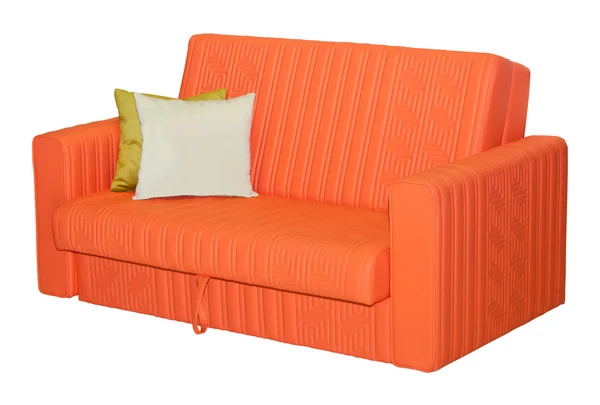 Sofá de cuero naranja con pillows aislados —  Fotos de Stock