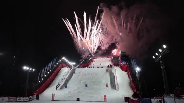 Mogul skiing World Cup in Moscow Russia. Opening of competition with fireworks — Stock Video