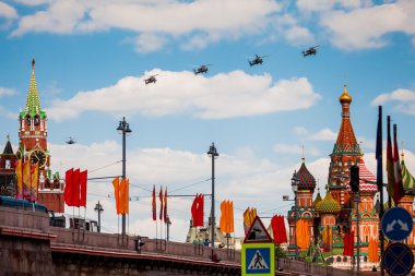 Avia parade in Moscow. Group of Russian helicopters in the sky on parade of Victory in World War II in Moscow, Russia