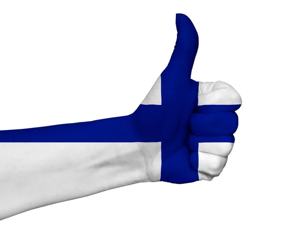 手用拇指在涂上颜色的芬兰国旗孤立起来 — 图库照片