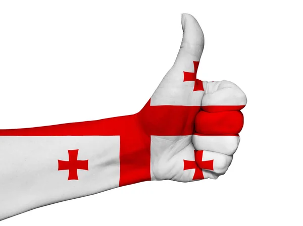 Hand with thumb up painted in colors of Georgia flag isolated — Stock Photo, Image