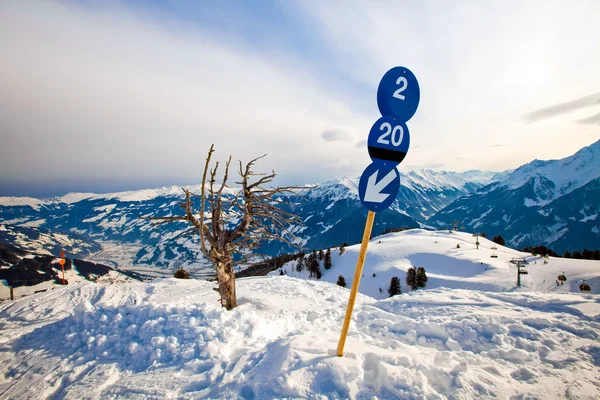 Blue route sign on the ski resort — Stock Photo, Image