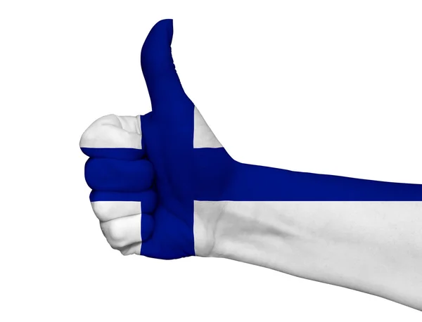 Main avec pouce vers le haut peint dans les couleurs du drapeau de la Finlande isolé — Photo