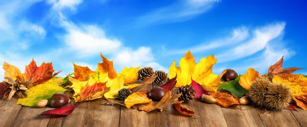 Herfstbladeren met houten planken en hemel — Stockfoto