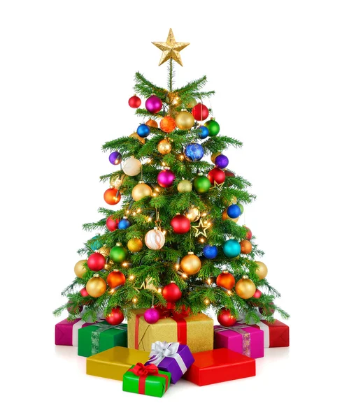 Shiny Christmas tree with gift boxes — Stock Photo, Image
