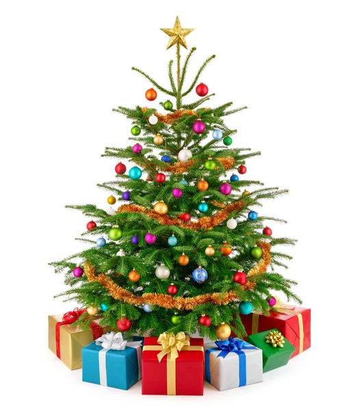 Fresh lush Christmas tree with colorful gift boxes — Stock Photo, Image