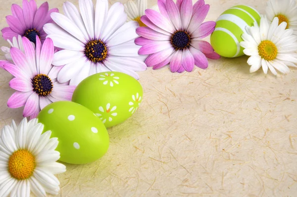 花と羊皮紙にイースターの卵 — ストック写真