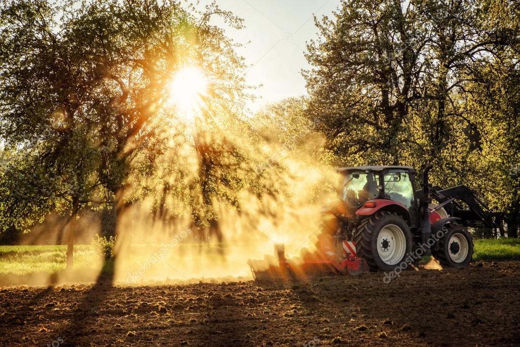 Tractor plowing a field at sunset in beautiful sunlight falling through trees and dust with light and shadow effects, no logos or faces