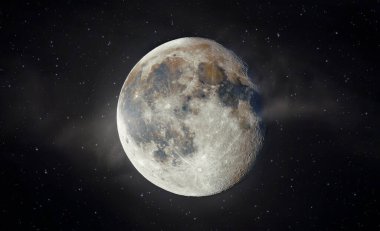 Ayın mineral renkleri, yıldızlar ve etrafını saran ince bir bulutla çekilmiş keskin bir fotoğrafı.