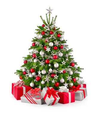 Noel ağacı ve hediyeler, kırmızı ve gümüş