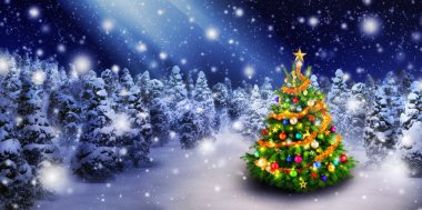 Noel ağacı karlı gecede