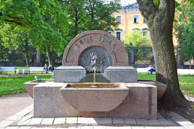 The fountain on the territory of the Kazan Cathedral was installed in 1809. Architect Jean Francois Thomas de Thomon. Russia, Saint Petersburg, September 2020