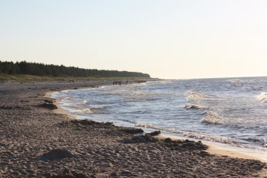 Plaj güneş su hava deniz kum dalgaları insanları tatil sunbather gökyüzü