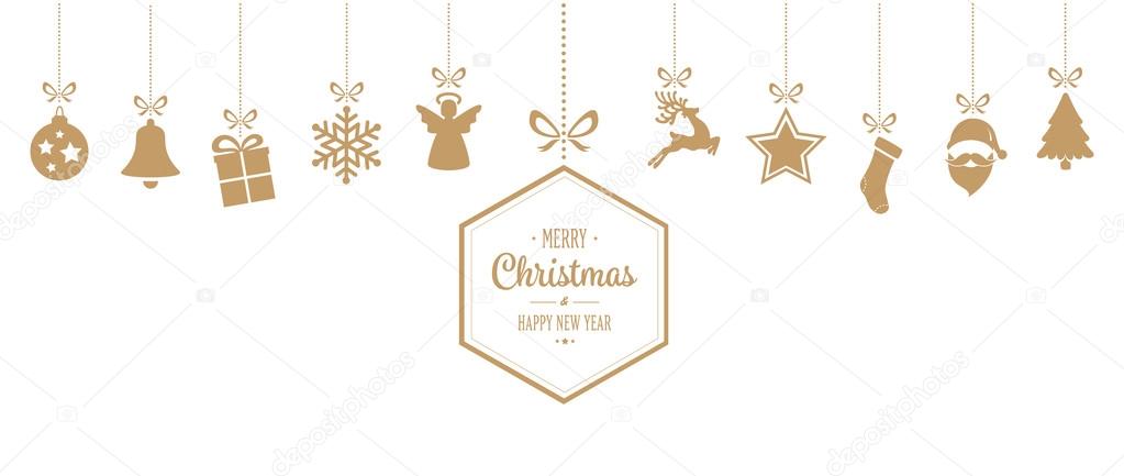 merry christmas hanging gold ornaments background