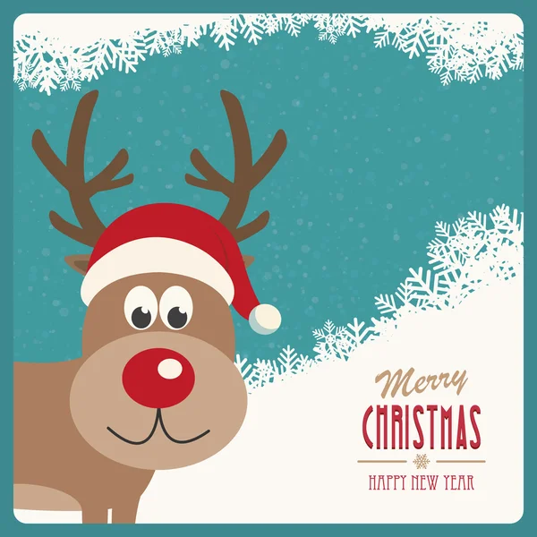 Red nose reindeer santa hat snowy winter background — Stock Vector