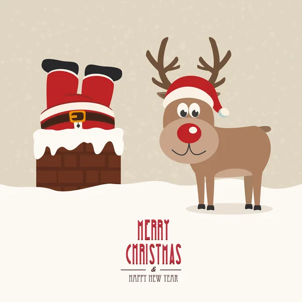 Santa stuck in chimney vintage reindeer smile snow background — Stock Vector