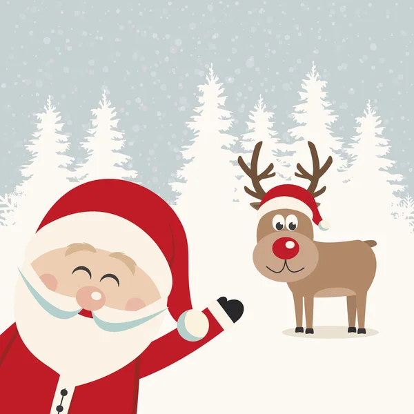 Santa wave from side reindeer red nose winter landscape — Stock Vector