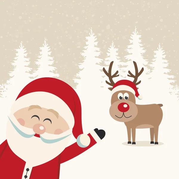 Santa vlna ze strany sobí červený nos Zimní krajina — Stockový vektor
