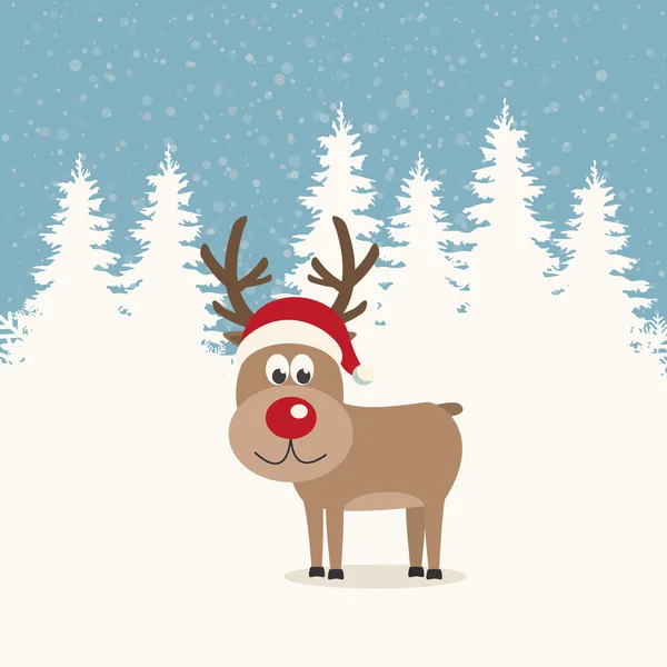 Renne nez rouge santa chapeau fond d'hiver — Image vectorielle