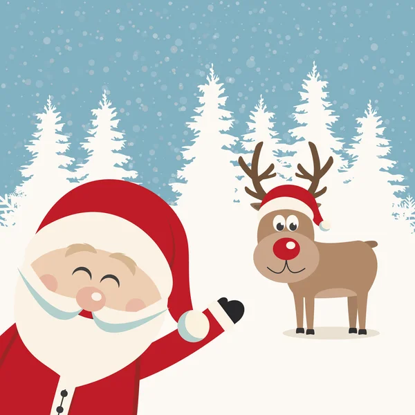 Santa vlna ze strany sobí červený nos Zimní krajina — Stockový vektor