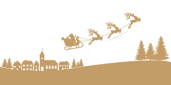 Santa trenó rena voando silhueta de ouro — Vetor de Stock