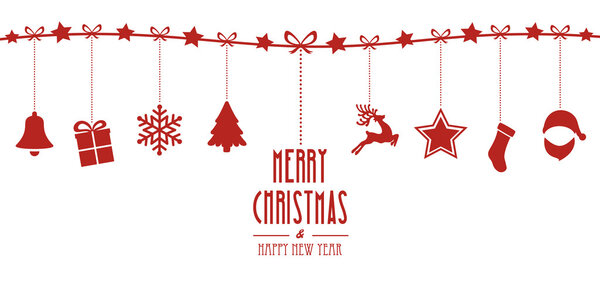christmas elements hanging on line red isolated background