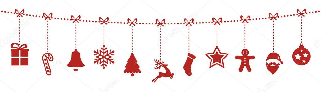 christmas ornaments hanging rope red isolated background