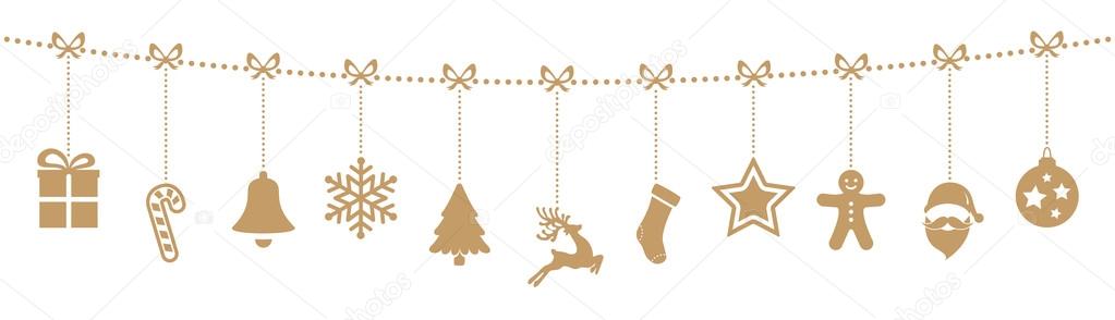 christmas ornaments hanging rope gold isolated background