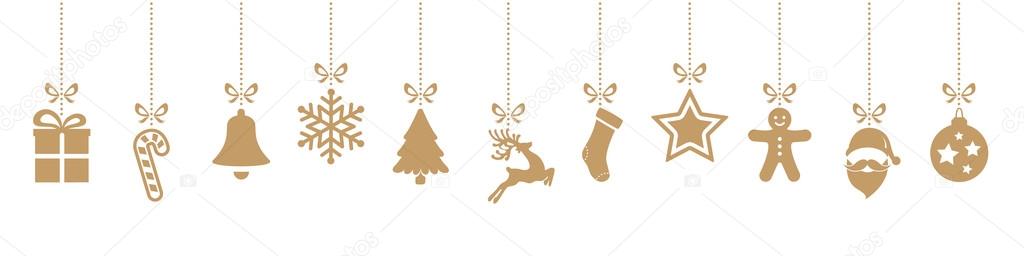 christmas ornaments hanging gold isolated background