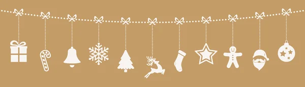 Kerst ornamenten opknoping touw gouden achtergrond — Stockvector