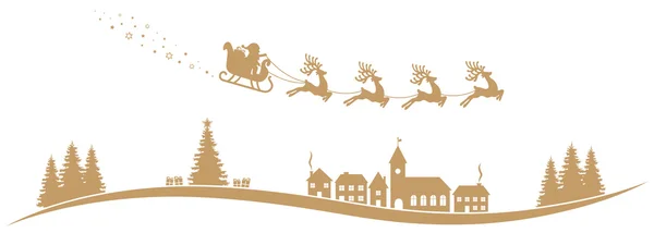 Santa Claus trineo renos volar oro paisaje — Vector de stock