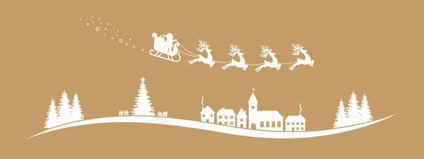 Santa Claus trineo renos volar oro paisaje — Vector de stock