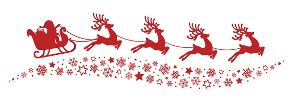 Weihnachtsmann Schlitten Rentiere fliegen Schneeflocken rote Silhouette — Stockvektor