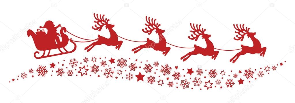 santa sleigh reindeer flying snowflakes red silhouette