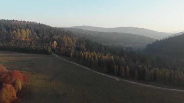 Vedere Aeriană Dimineață Spre Pădurea Munților Lower Beskidy Lumină Moale — Videoclip de stoc