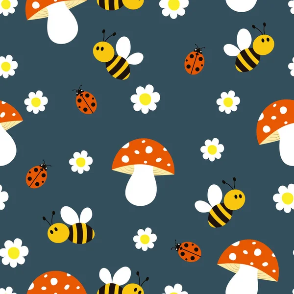 Childish seamless pattern with cute bees, mushrooms, ladybugs and daisies. It can be used for wallpapers, wrapping, cards, patterns for clothes and other.