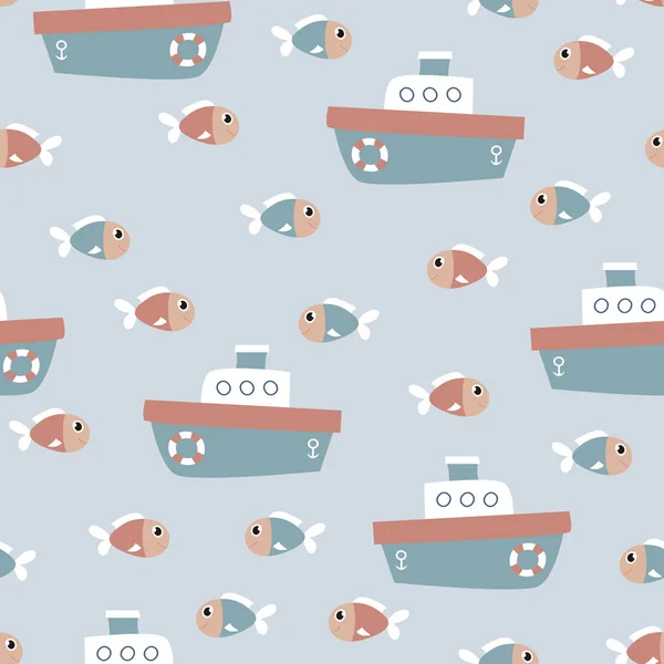 Cartoon seamless pattern with boat and fish on blue  background. It can be used for wallpapers, wrapping, cards, patterns for clothes and other.