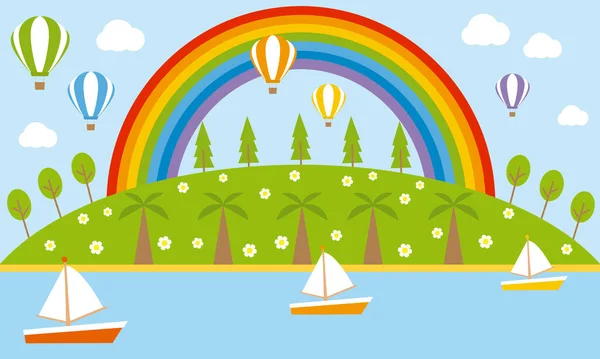 Landscape with rainbow, hot air balloons, boats and trees.