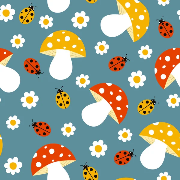 Cute childish seamless pattern with mushrooms, ladybugs and daisies. It can be used for wallpapers, wrapping, cards, patterns for clothes and other.